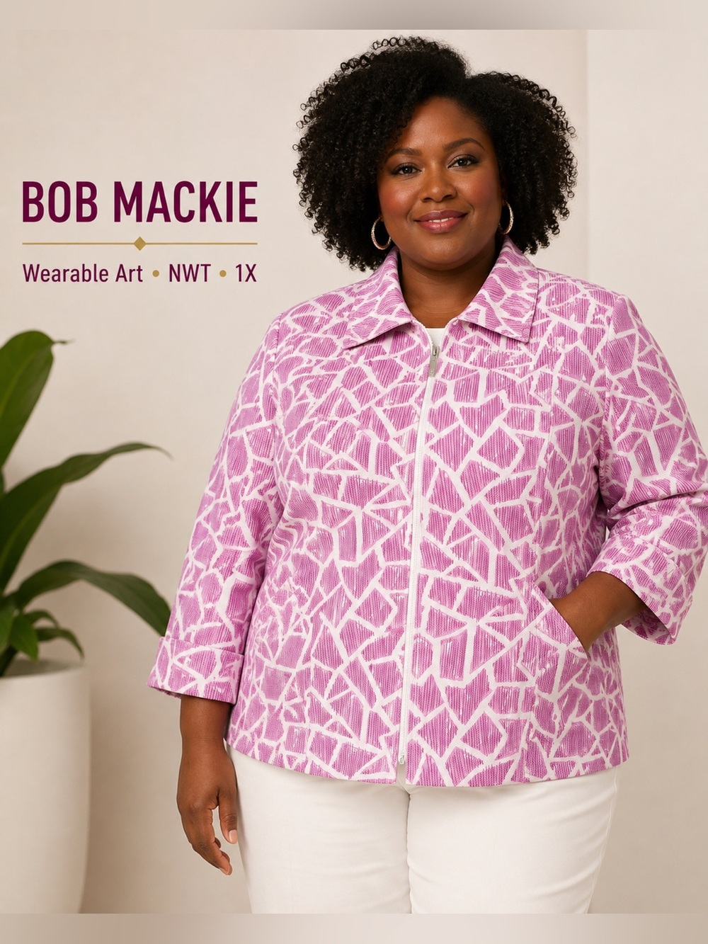 Bob Mackie Wearable Art Geometric Jacket Pink Ivory NWT Plus Size 1X